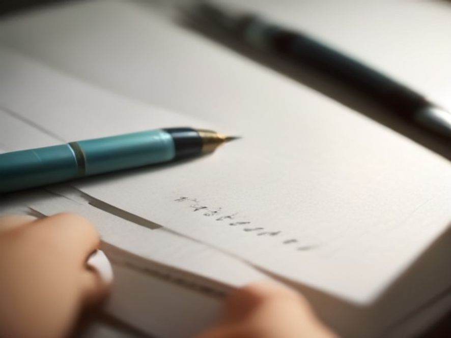 Hand schreibt mit Füllfederhalter auf Briefpapier