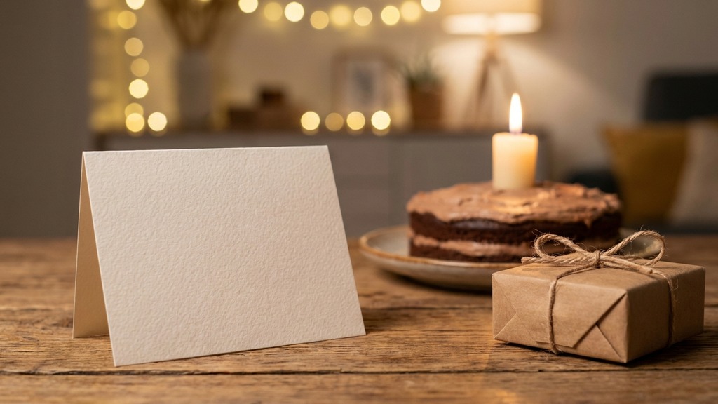 Leere Geburtstagskarte auf Tisch mit Kuchen, Kerze und Geschenk