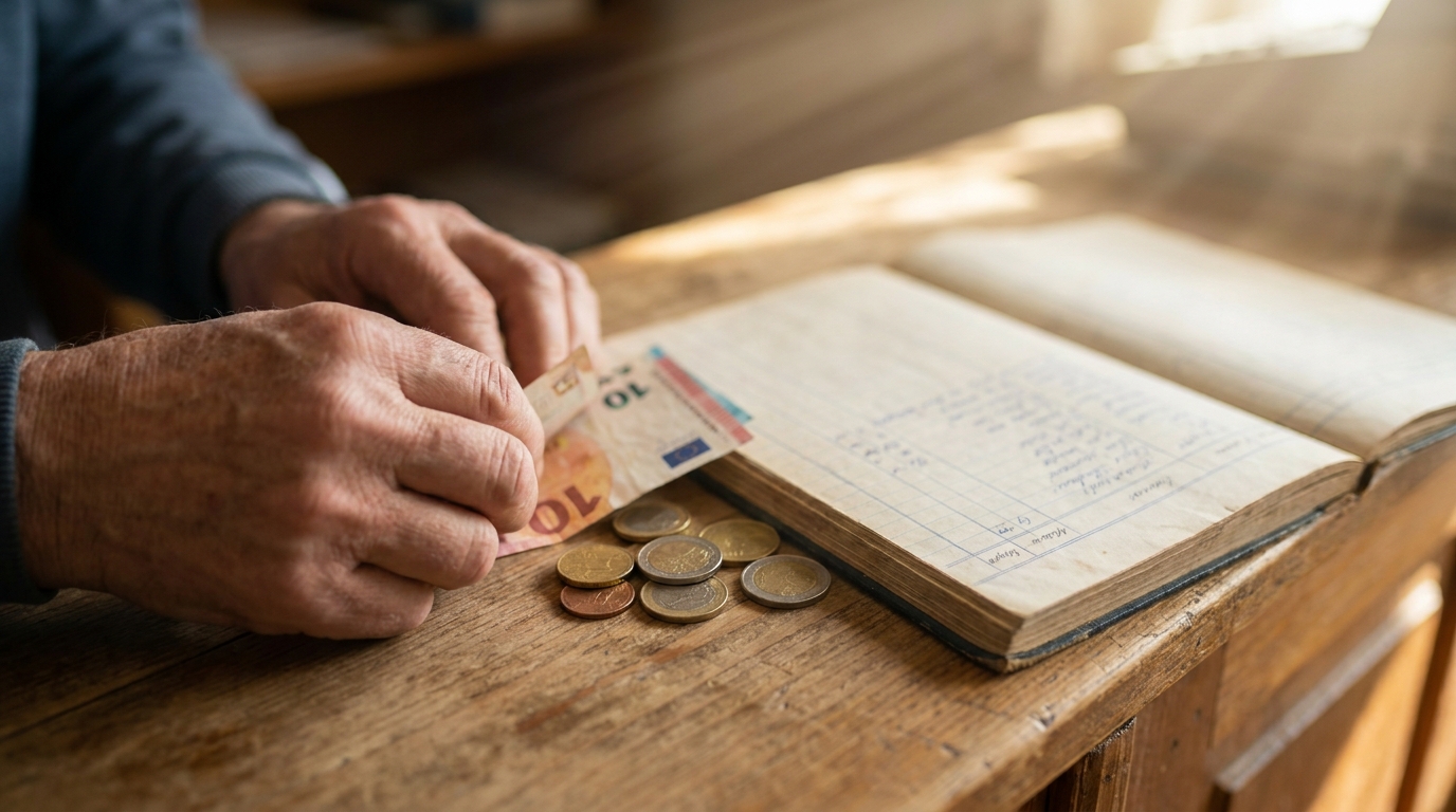 Hände zählen Bargeld neben handschriftlich geführtem Kassenbuch