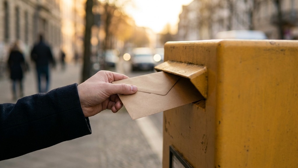 Hand wirft Briefumschlag mit Widerrufsschreiben in gelben Postbriefkasten